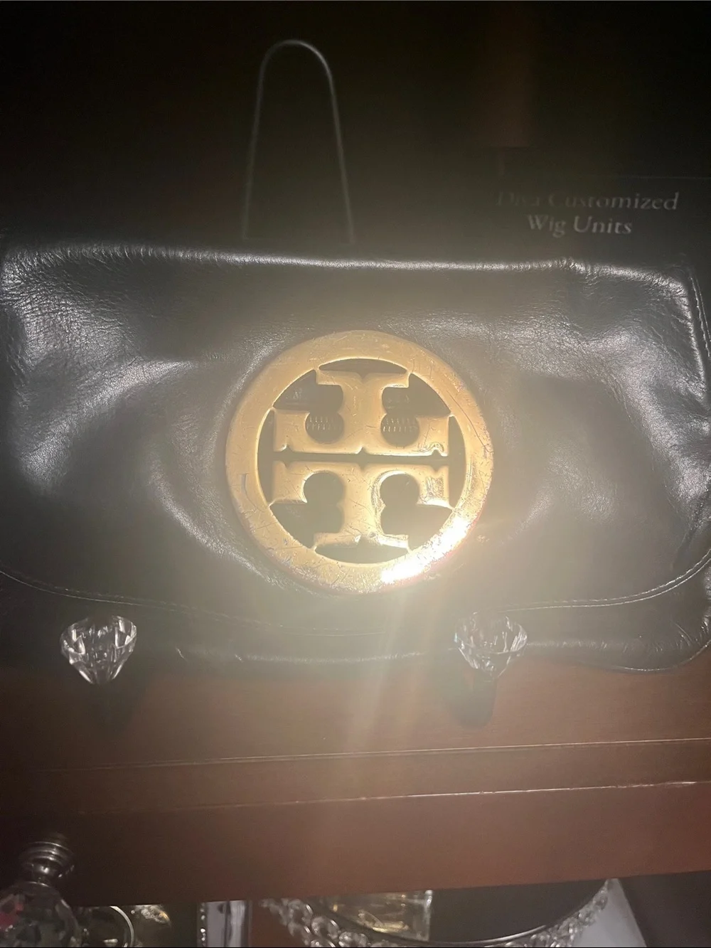 Tory Burch Black Leather Clutch with Gold Logo Medallion